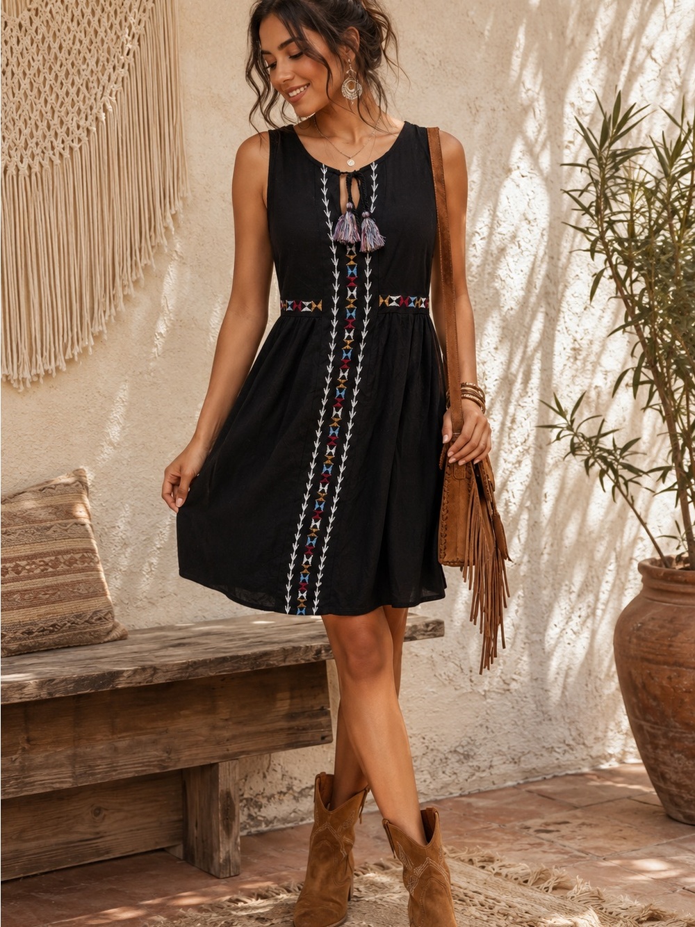 Knox Rose Black Embroidered Boho Dress Tassel Detail Size S
